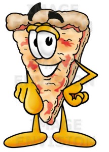 A cartoon rendiction of a wild pizza, the animal that is hunted and killed so that we may enjoy its delicious cheeseflesh.